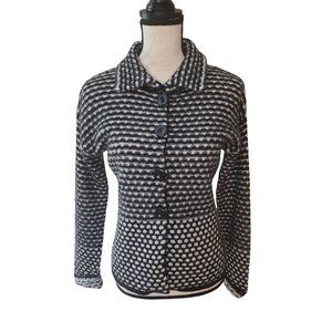 Women's Small Wool Cardigan Sweater Black White Button front Windowpane